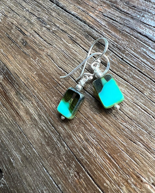 Premium Czech glass rectangular aqua earrings