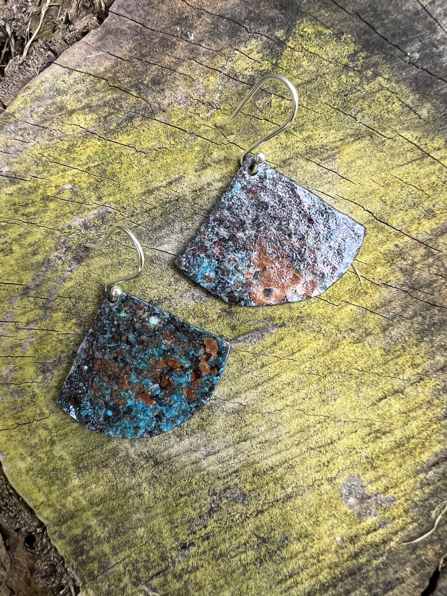 Natural verdigris blue patina fan earrings