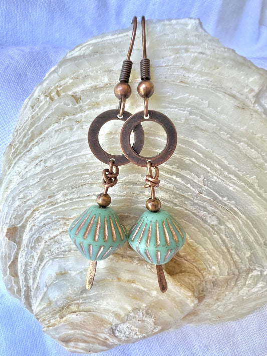 Matte blue and bronze Czech glass and copper earrings