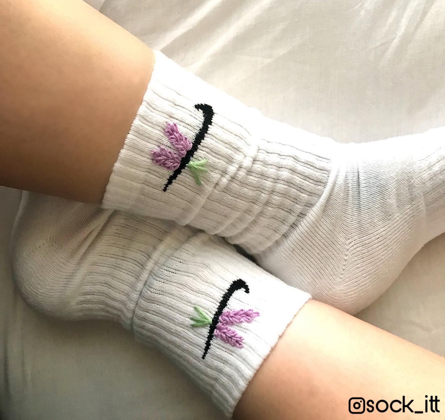 Lavender Nike Socks, Hand Embroidered